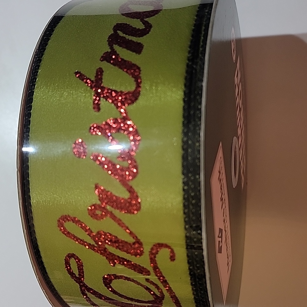 Green Ribbon with Red Glitter 'Merry Christmas' In Beautiful Script Lettering - Picture 2 of 3